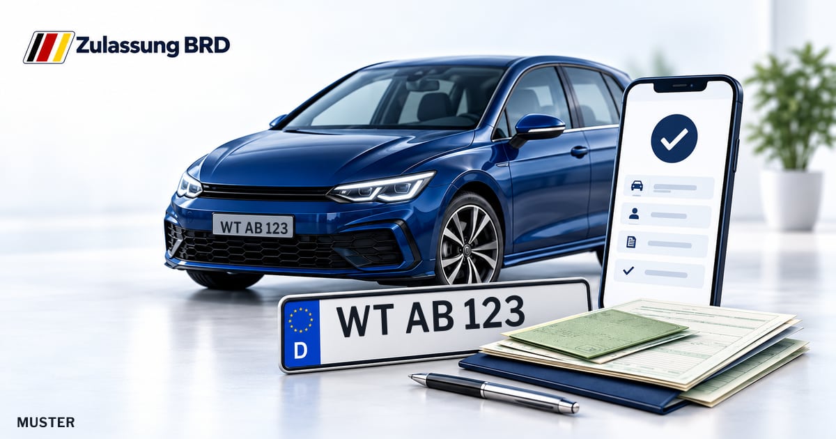 Online Fahrzeugzulassung in Waldshut-Tiengen: Musterkennzeichen WT AB 123, Auto und Fahrzeugpapiere und Smartphone. Illustration mit Logo von Zulassung BRD.
